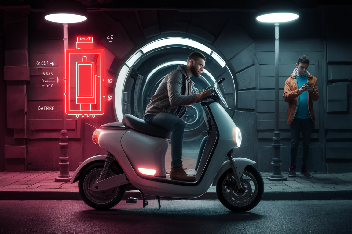 Un homme monte sur un scooter électrique près d'une enseigne lumineuse de batterie, tandis qu'un autre vérifie son téléphone.