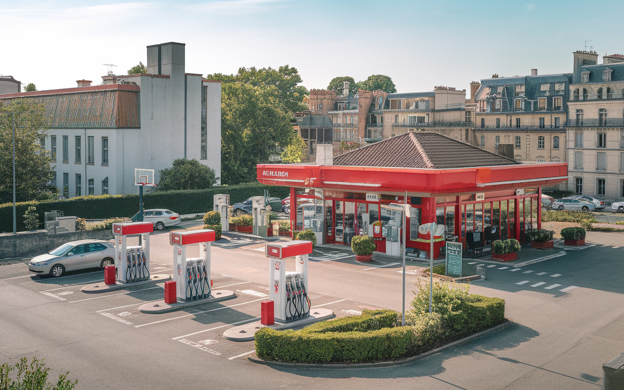 Station-service moderne avec pompes rouges, devant un bâtiment architectural, entourée de verdure et d'une rue calme.