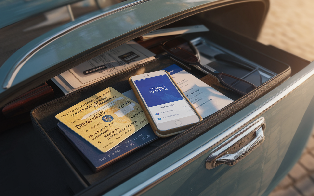 Un smartphone avec une application ouverte, des lunettes de soleil, un passeport et des documents dans un tiroir de voiture.