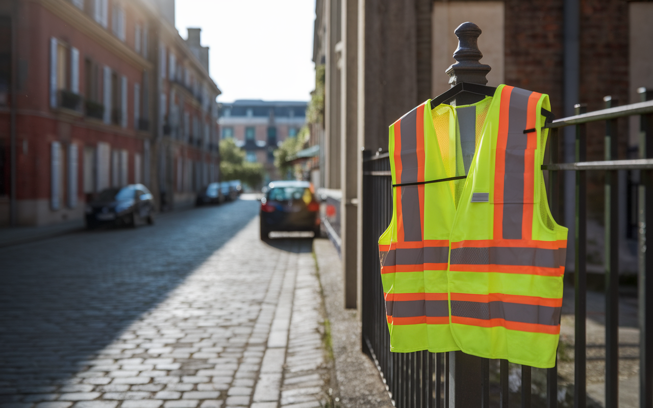 Gilet de sécurité suspendu à une barrière, avec une rue pavée et des bâtiments en arrière-plan sous un ciel ensoleillé.