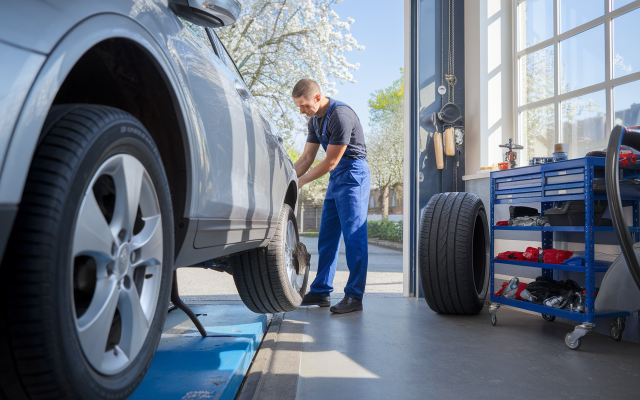 Un mécanicien inspecte un pneu dans un garage, entouré d'outils et de pneus de rechange, avec de la lumière naturelle.