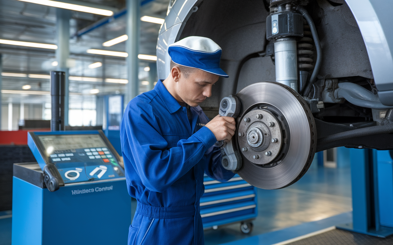 Technicien automobile en combinaison bleue inspectant un disque de frein avec un outil, dans un atelier moderne.