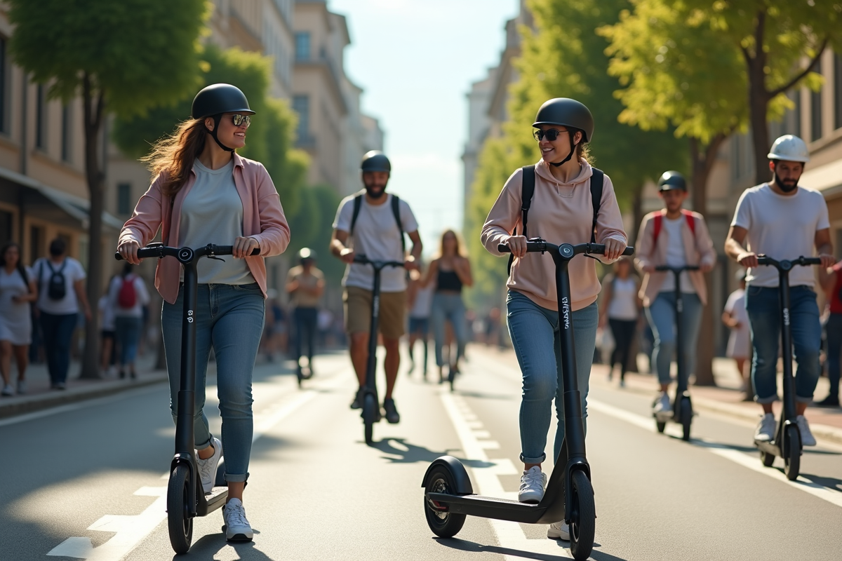 Un homme portant un casque roule sur une trottinette dans une rue urbaine avec des cyclistes et des voitures.