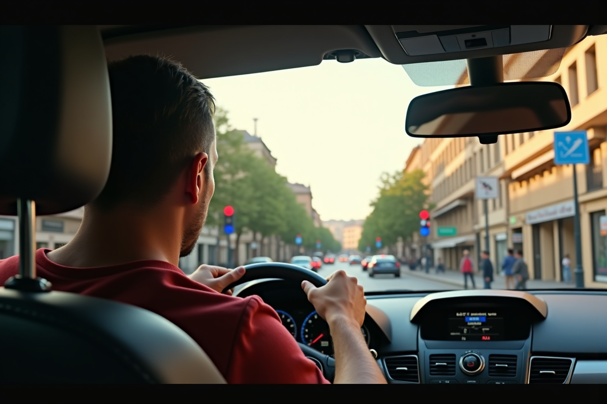 Homme conduisant une voiture, vue de l'arrière. Environnement urbain avec des feux tricolores et des passants. Journée ensoleillée.