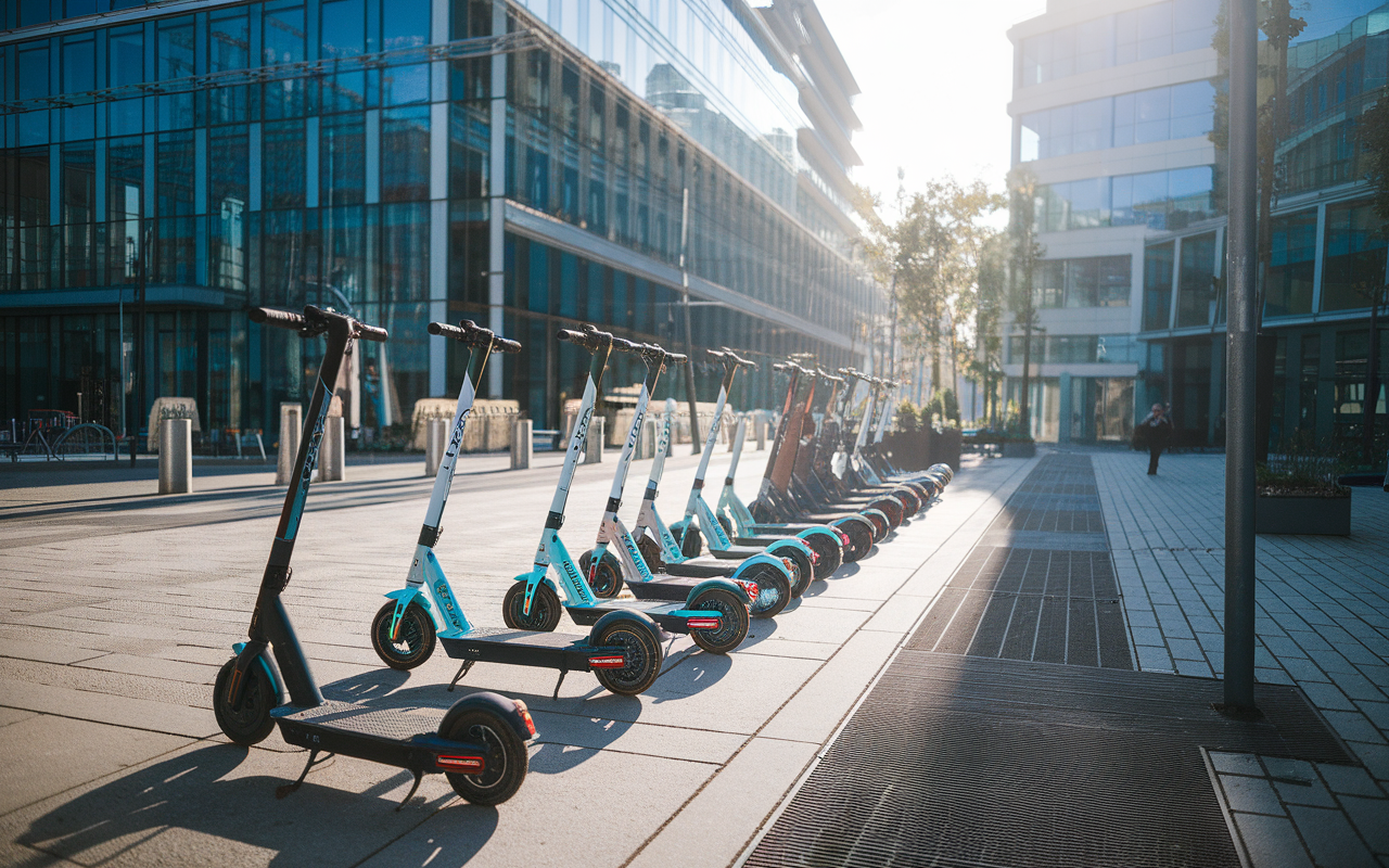 Une rangée de trottinettes électriques garées sur un chemin en pleine lumière, avec des bâtiments modernes en arrière-plan.
