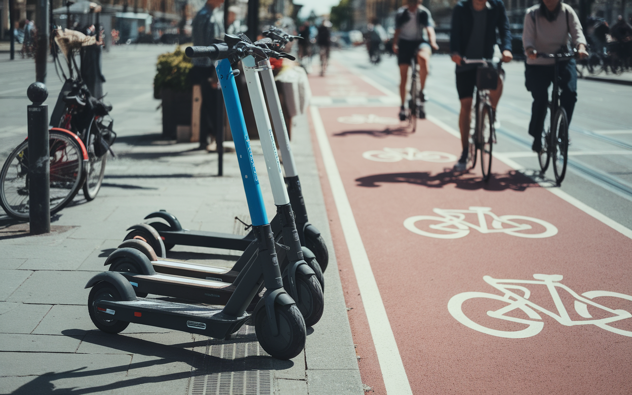 Trois trottinettes stationnées sur un trottoir, avec un chemin cyclable coloré à côté et des cyclistes au loin.