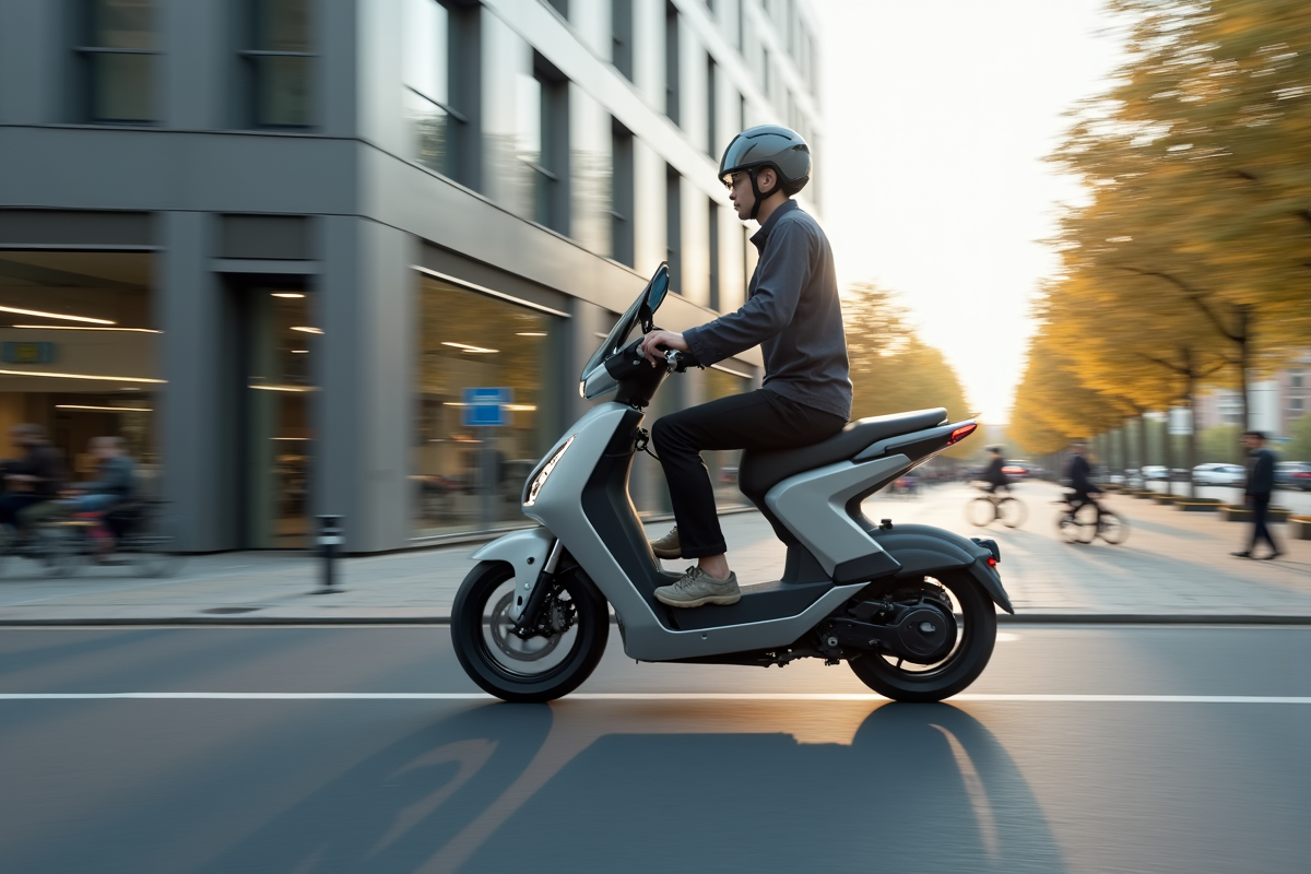 Trottinette électrique bleue et jaune stationnée sur un trottoir, avec des piétons en arrière-plan dans une rue animée.
