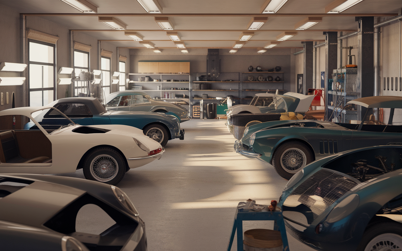 Garage moderne avec plusieurs voitures de collection, dont une blanche. Étagères avec outils et pièces visibles. Lumière naturelle.