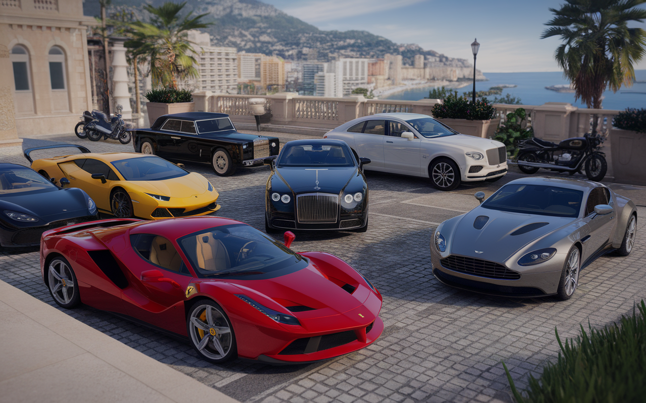 Des voitures de luxe, dont une Ferrari rouge et une Lamborghini jaune, sont garées sur une place avec vue sur la mer.