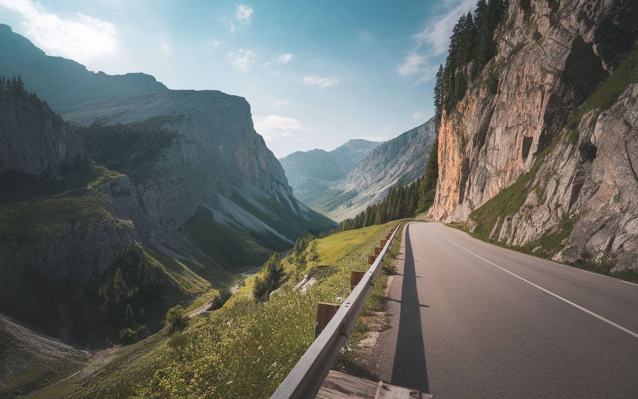 Route sinueuse longeant des montagnes majestueuses avec des pentes verdoyantes et des falaises rocheuses, sous un ciel bleu.