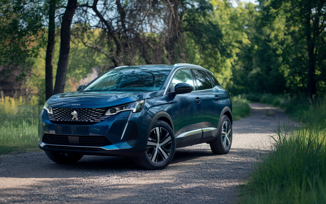 SUV bleu moderne stationné sur un chemin en gravier, entouré d'arbres et de verdure, sous un éclairage naturel.
