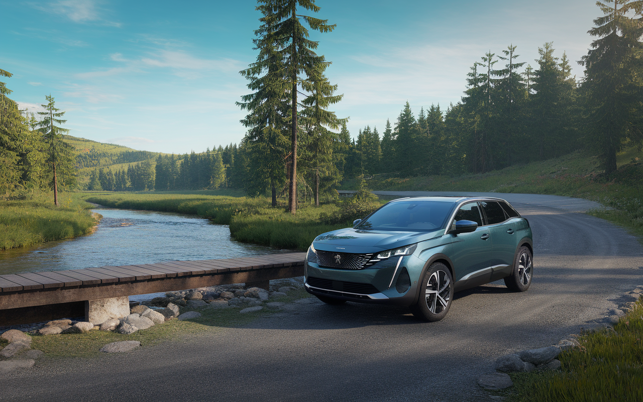 Un SUV vert stationné près d'un ruisseau, entouré de forêts verdoyantes et de collines sous un ciel bleu clair.