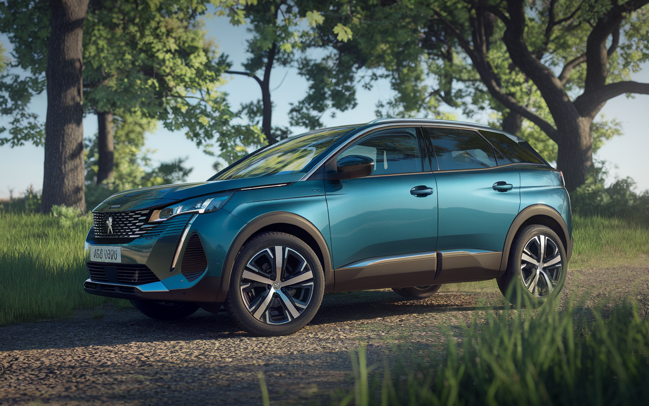 SUV bleu garé sur un chemin gravillonné, entouré d'arbres et de verdure. Éclairage naturel, design moderne et élégant.