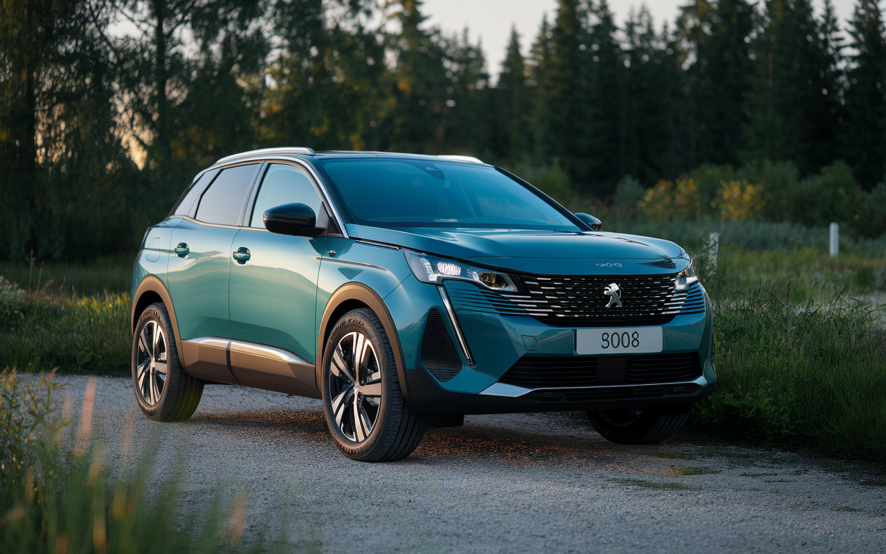SUV Peugeot 3008 de couleur turquoise garé sur un chemin, entouré d'une verdure luxuriante, sous une lumière douce du soir.
