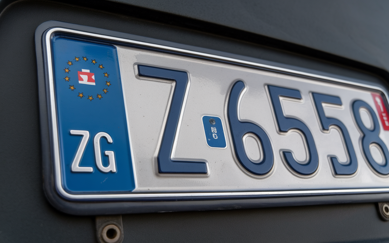 Plaque d'immatriculation européenne avec les lettres "ZG" et le numéro "Z-6558", sur fond bleu et argenté.