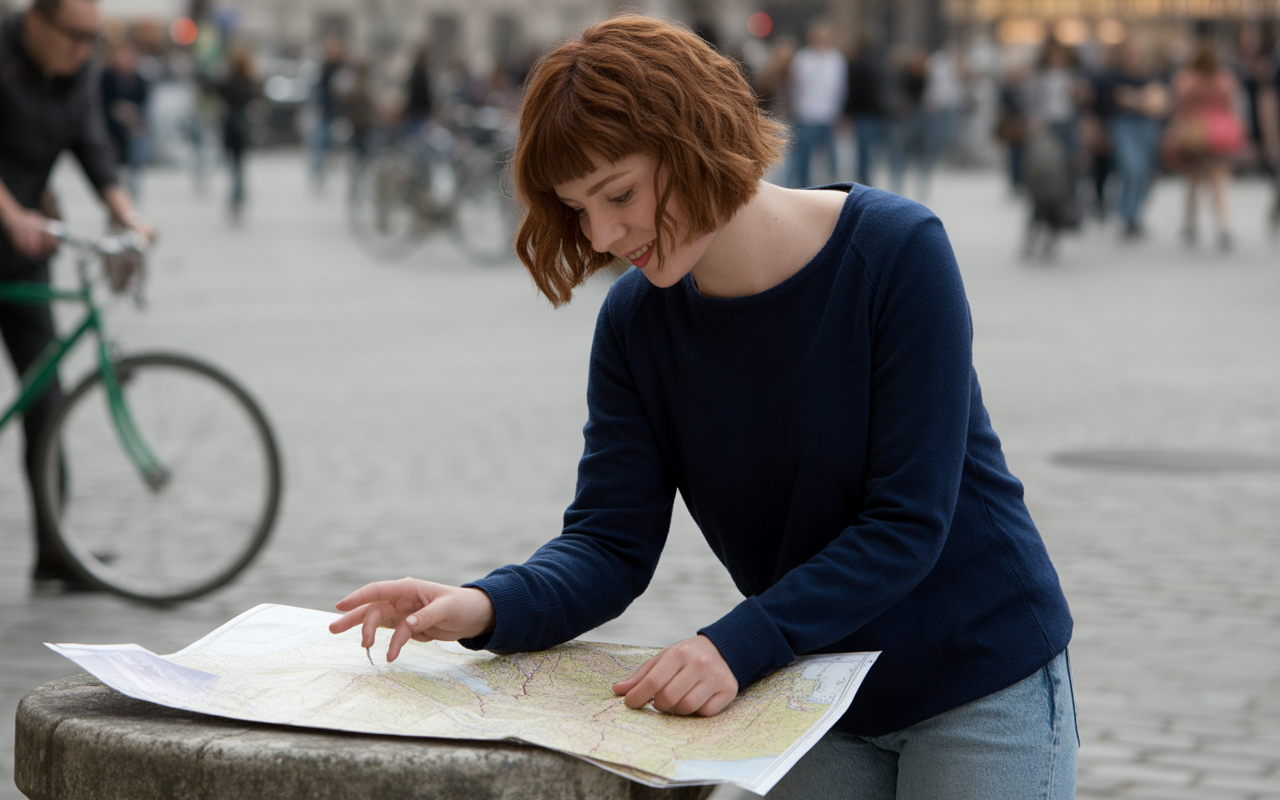 Une jeune femme souriante consulte une carte sur un banc, entourée de personnes et de vélos dans un espace urbain.