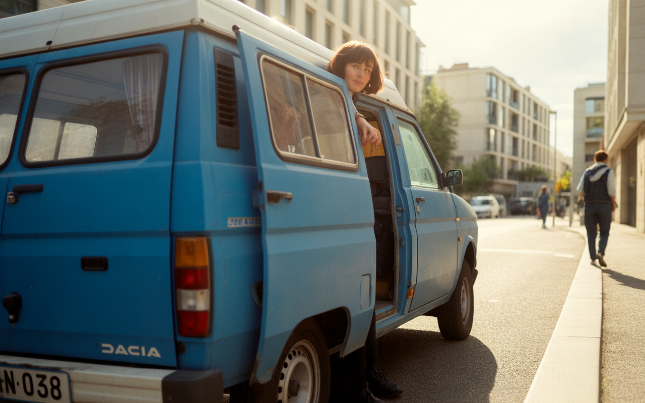 Femme à bord d'un van bleu Dacia, stationné sur une rue animée, avec des passants et des bâtiments modernes en arrière-plan.