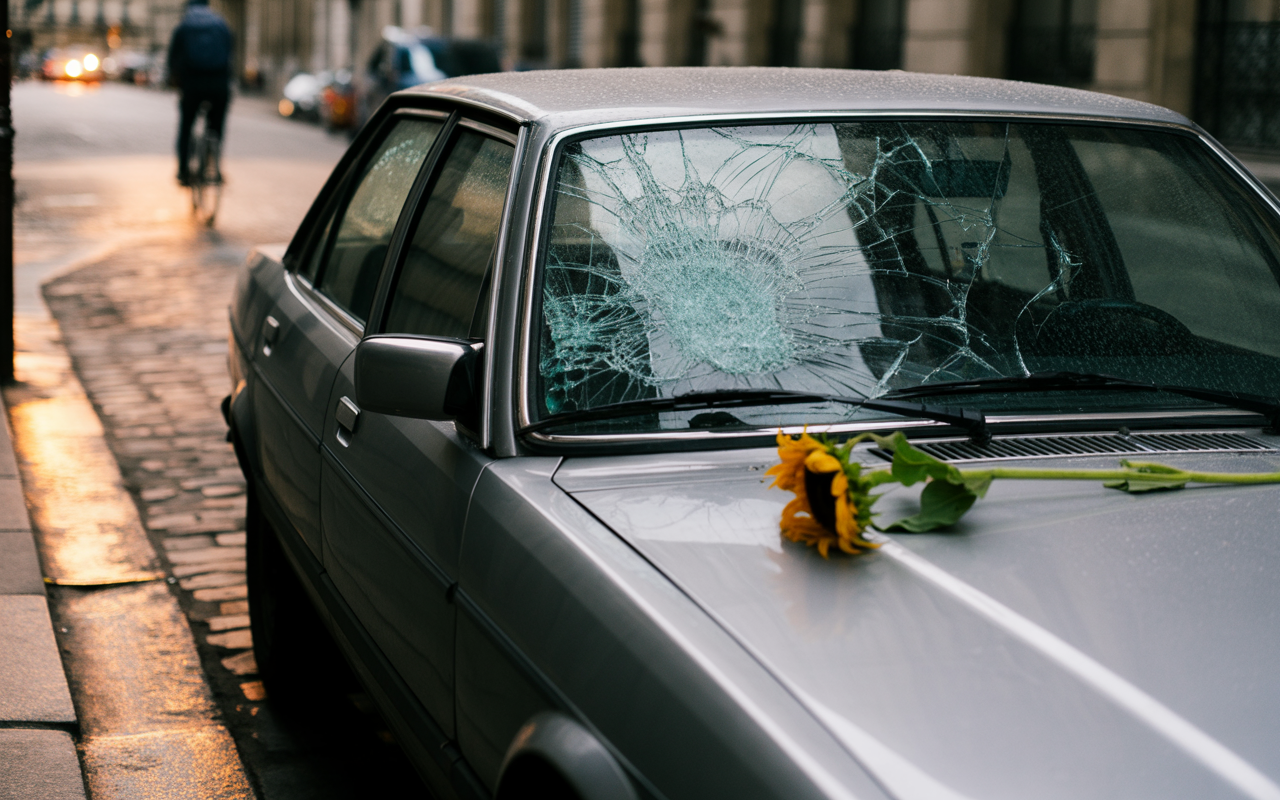 Voiture grise avec un pare-brise brisé, décorée d'un tournesol, sur une rue pavée humide. Éclats de verre et lumière douce.