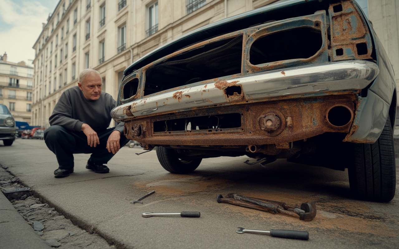 Un homme examine un voiture ancienne endommagée et rouillée, entouré d'outils sur le sol, dans une rue urbaine.