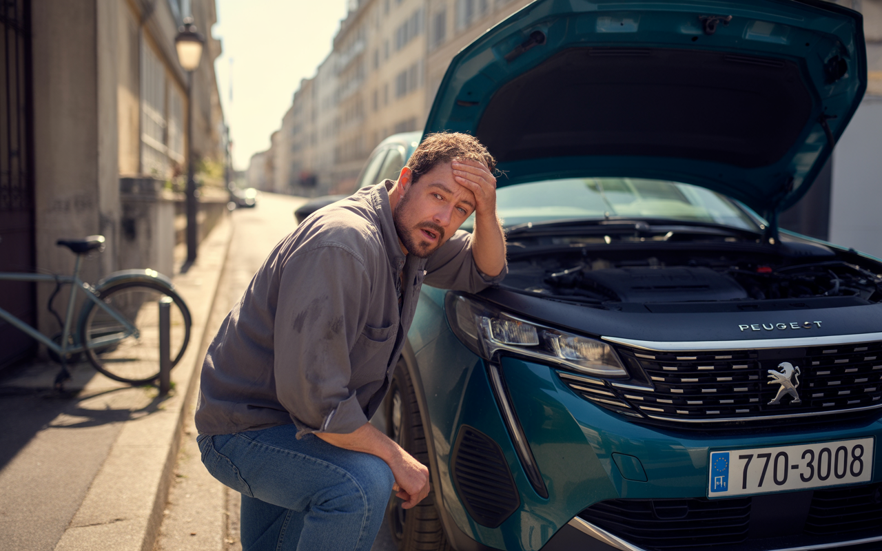 Un homme stressé s'accroupit devant une voiture Peugeot avec le capot ouvert, sur une rue ensoleillée. Une bicyclette est à proximité.