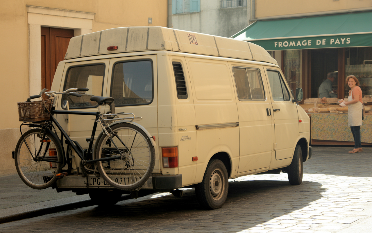 Fourgonnette blanche avec un vélo à l'arrière, stationnée près d'une fromagerie. Une femme souriante se tient devant le magasin.