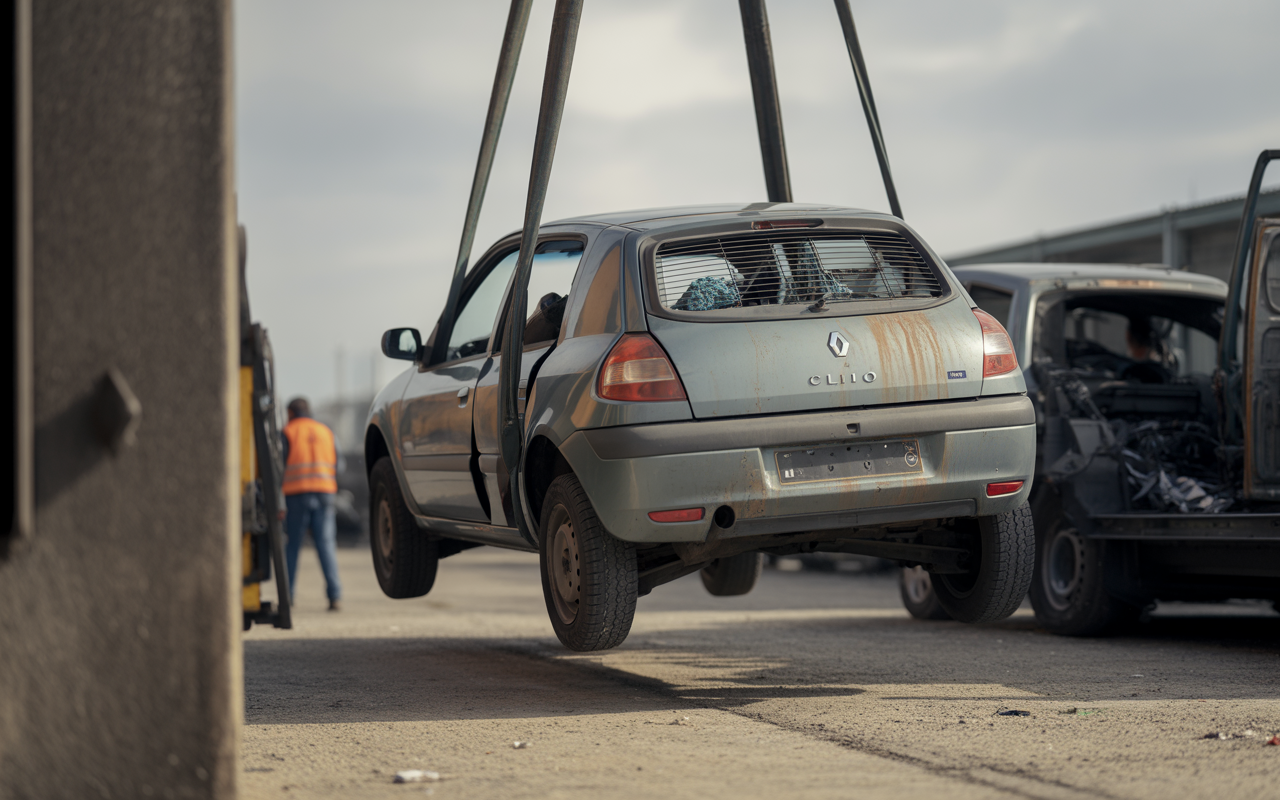 Une voiture Renault Clio usagée est soulevée par une grue dans une casse automobile, avec un travailleur en arrière-plan.