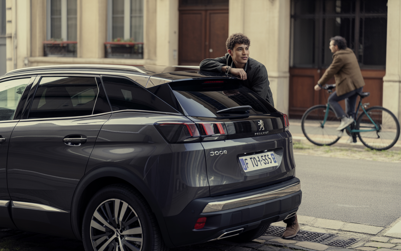 Un homme se penche sur une voiture Peugeot 3008 au bord de la route, tandis qu'un cycliste passe à proximité.