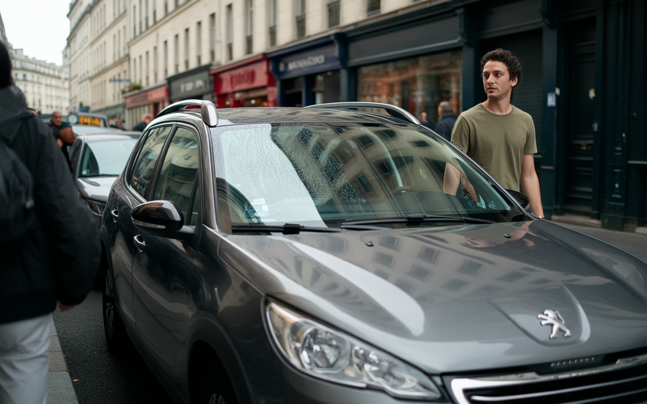 Un homme en t-shirt beige marche près d'une voiture grise sur une rue animée, avec des bâtiments et des passants en arrière-plan.