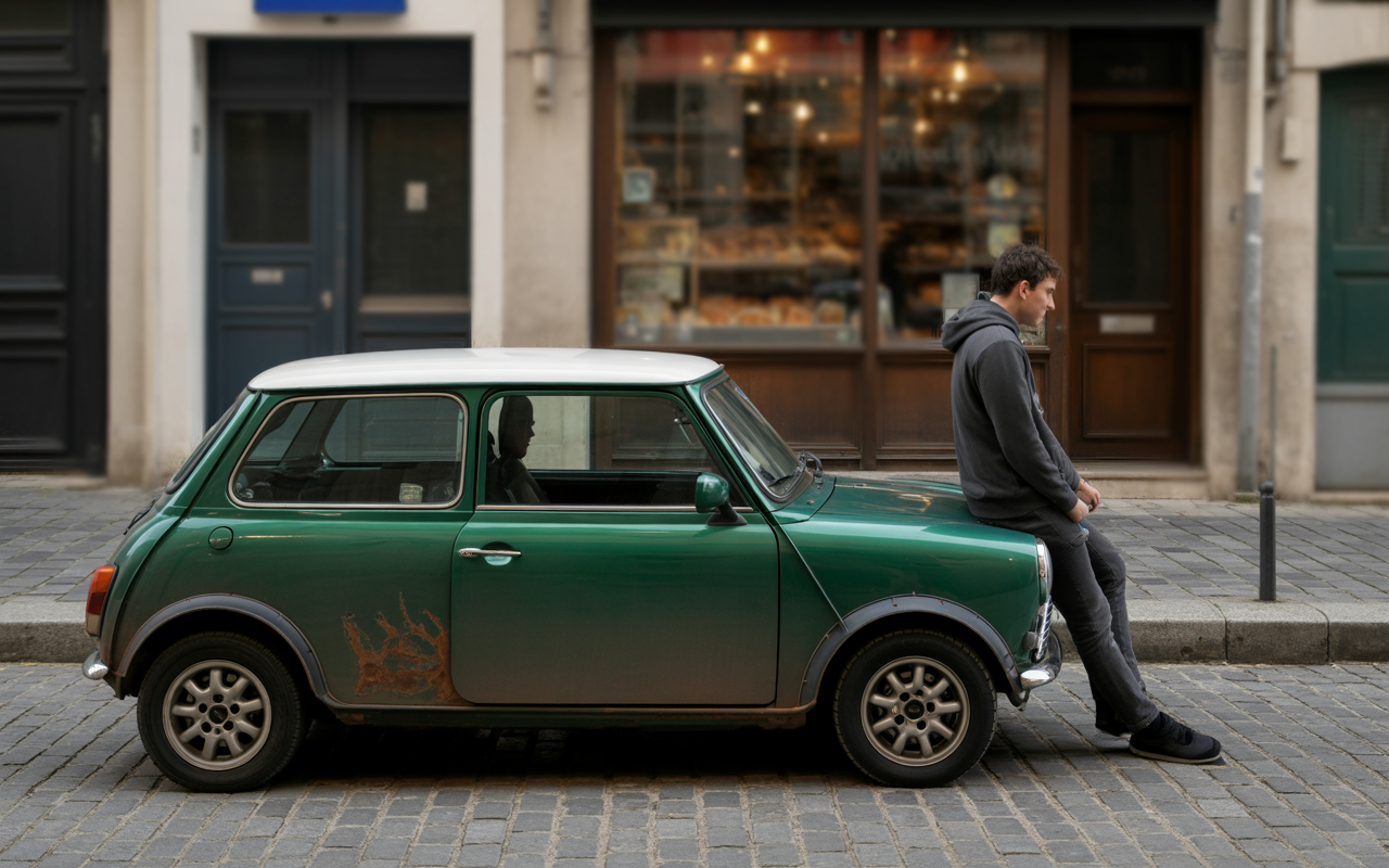 Un homme assis sur le capot d'une voiture Mini verte, devant une boulangerie dans une rue pavée.