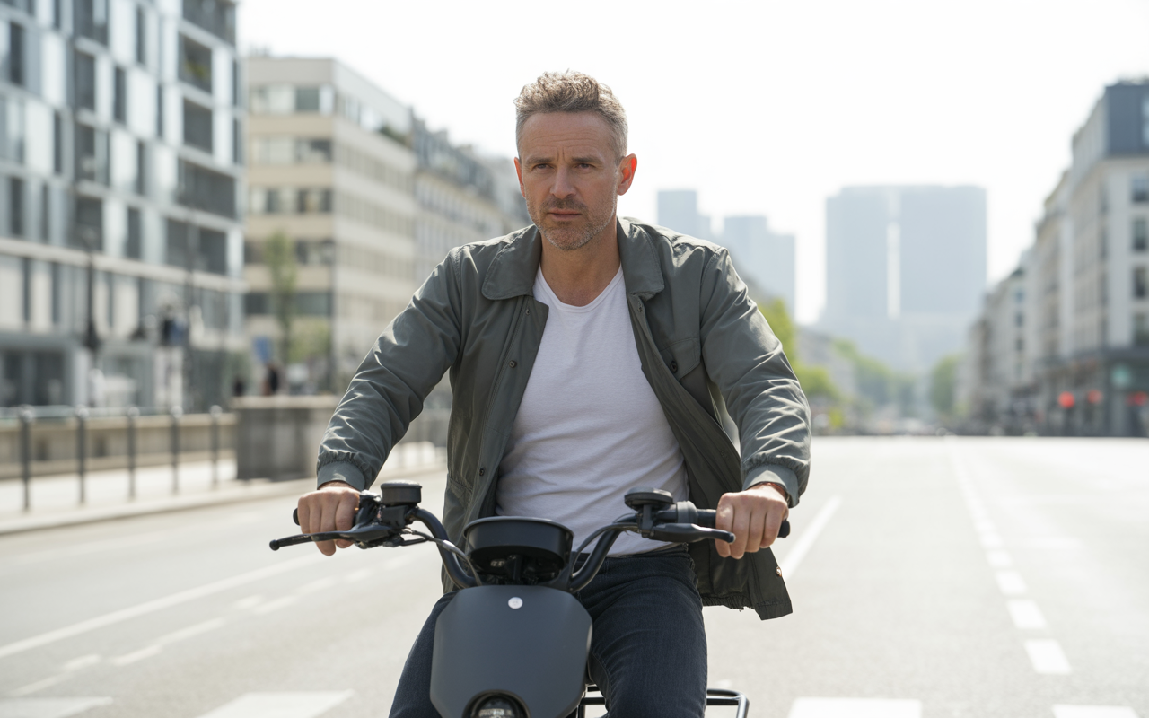 Homme sur un vélo électrique, vêtu d'une veste grise, avec un fond urbain et des bâtiments modernes sous un ciel clair.
