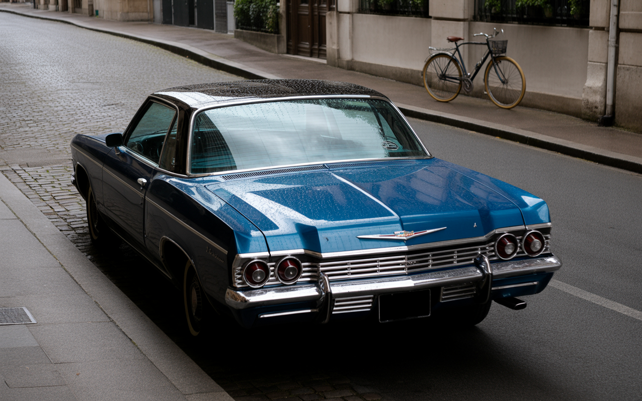 Voiture classique bleue, vue arrière, stationnée sur une rue pavée. Veille de pluie, vélo garé à proximité.