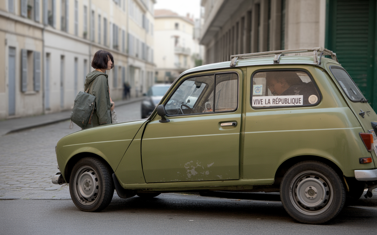 Une femme se tient à côté d'une voiture verte vintage avec un autocollant "Vive la République" dans une rue tranquille.