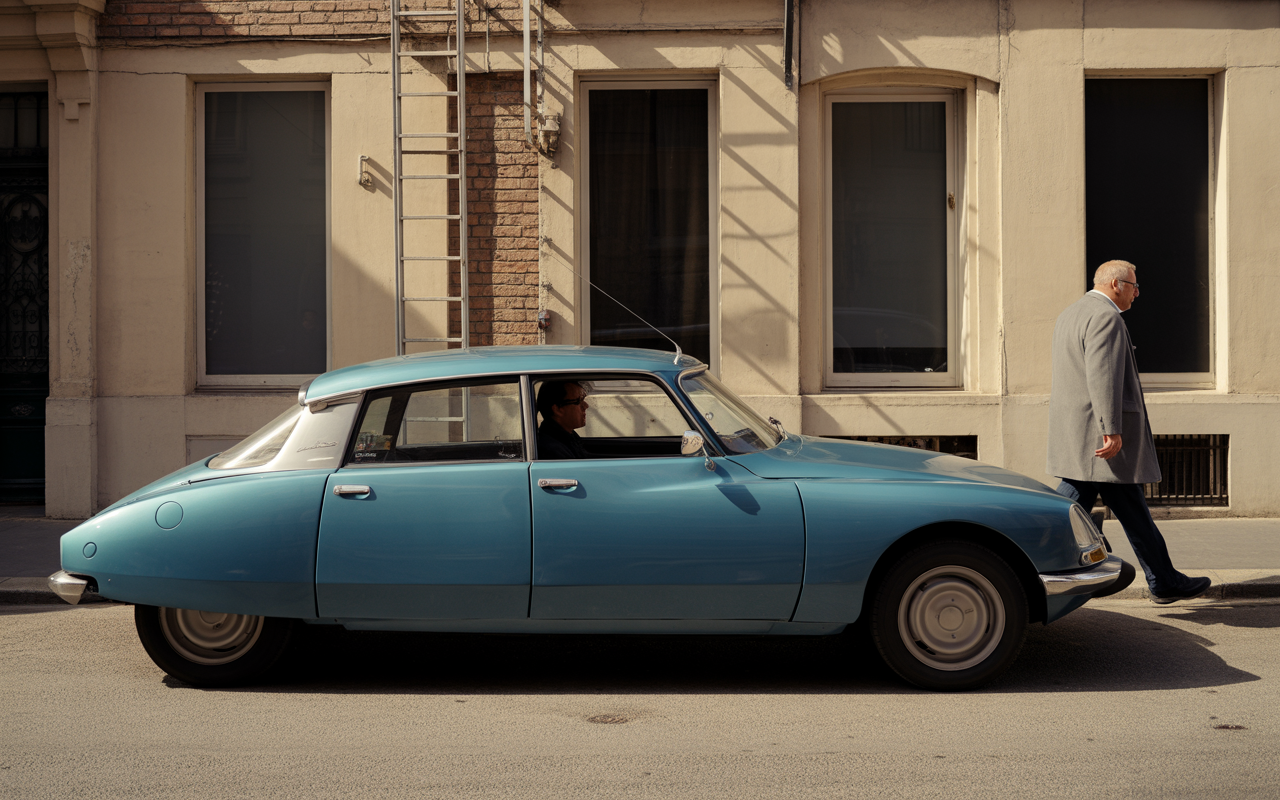 Une voiture vintage bleue garée sur un trottoir, un homme en manteau gris marche à côté sur une rue calme.