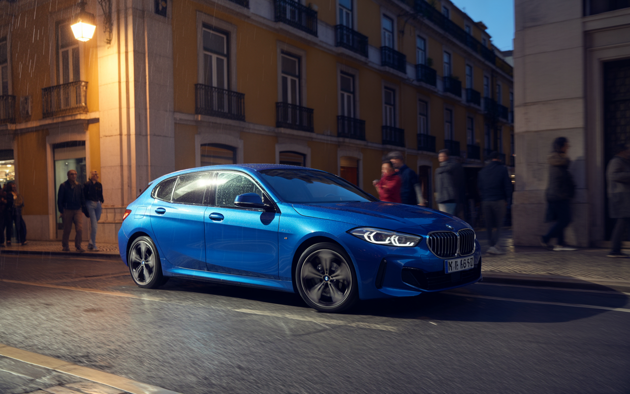Une voiture BMW bleue sous la pluie, garée sur une rue animée avec des passants près de bâtiments colorés.
