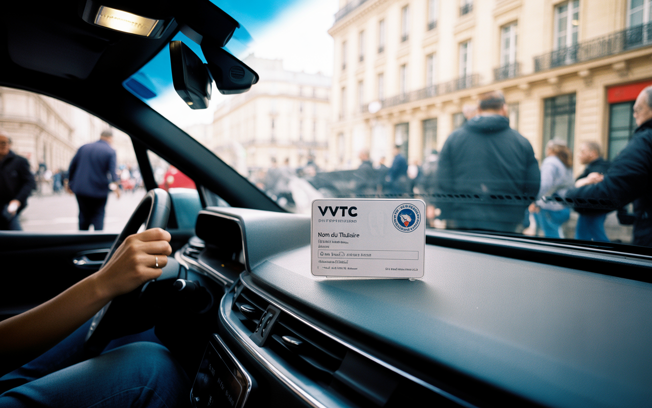 Vue de l'intérieur d'une voiture avec une main sur le volant et une carte VVTC posée sur le tableau de bord.