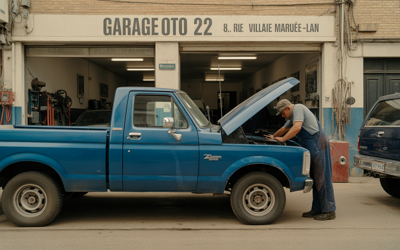 Un mécanicien travaille sur un pick-up bleu devant un garage avec un panneau indiquant "GARAGE OTO 22".