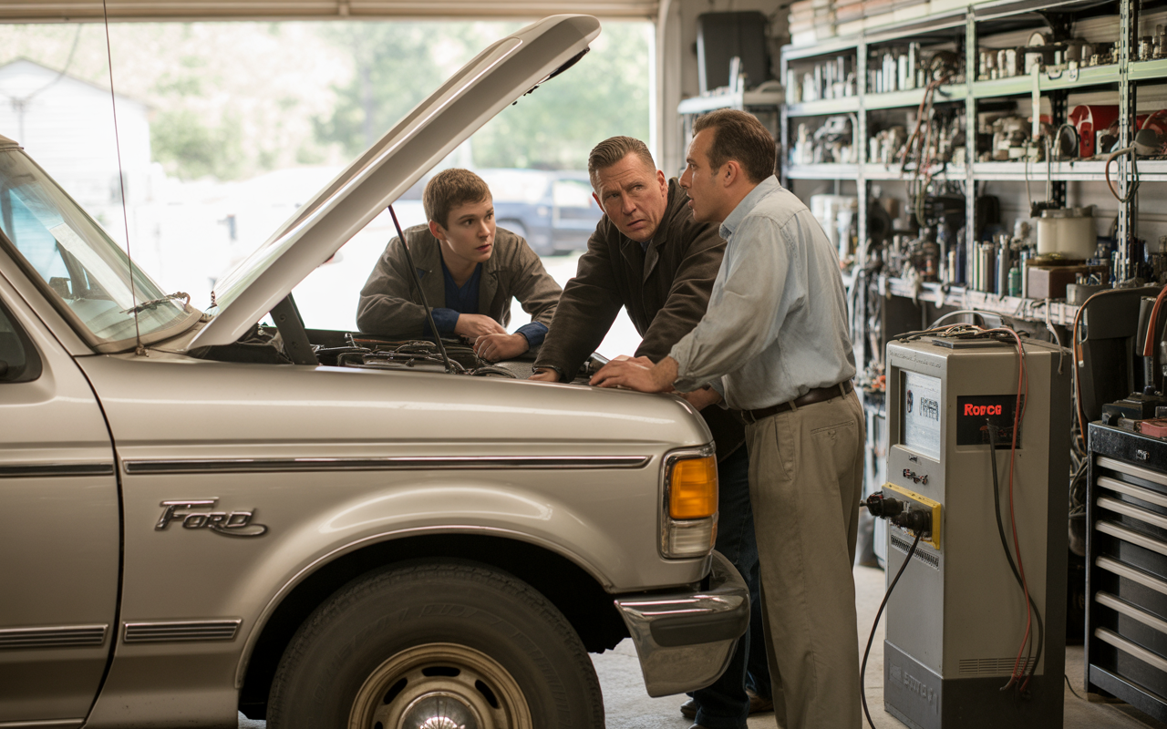 Trois hommes discutent autour d'un moteur de voiture dans un garage, avec des outils et des pièces visibles en arrière-plan.
