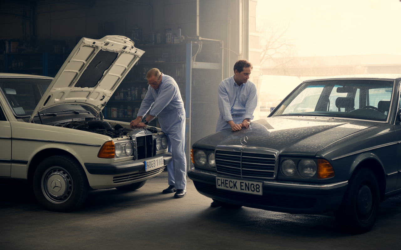 Deux hommes inspectent des voitures Mercedes dans un garage. L'un examine le moteur, l'autre se tient à côté d'une voiture grise.