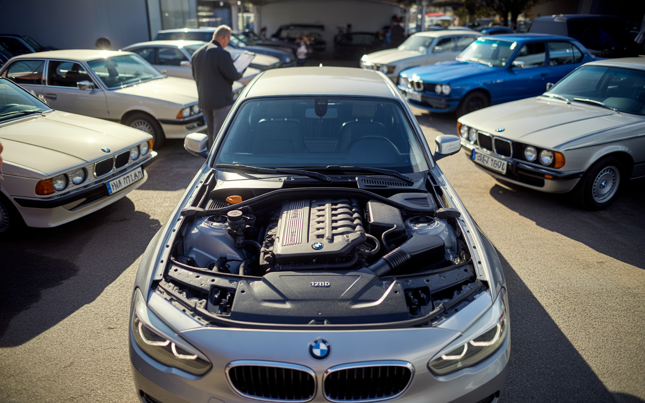 Un véhicule BMW moderne est exposé, avec plusieurs voitures anciennes en arrière-plan. Un homme inspecte les voitures.