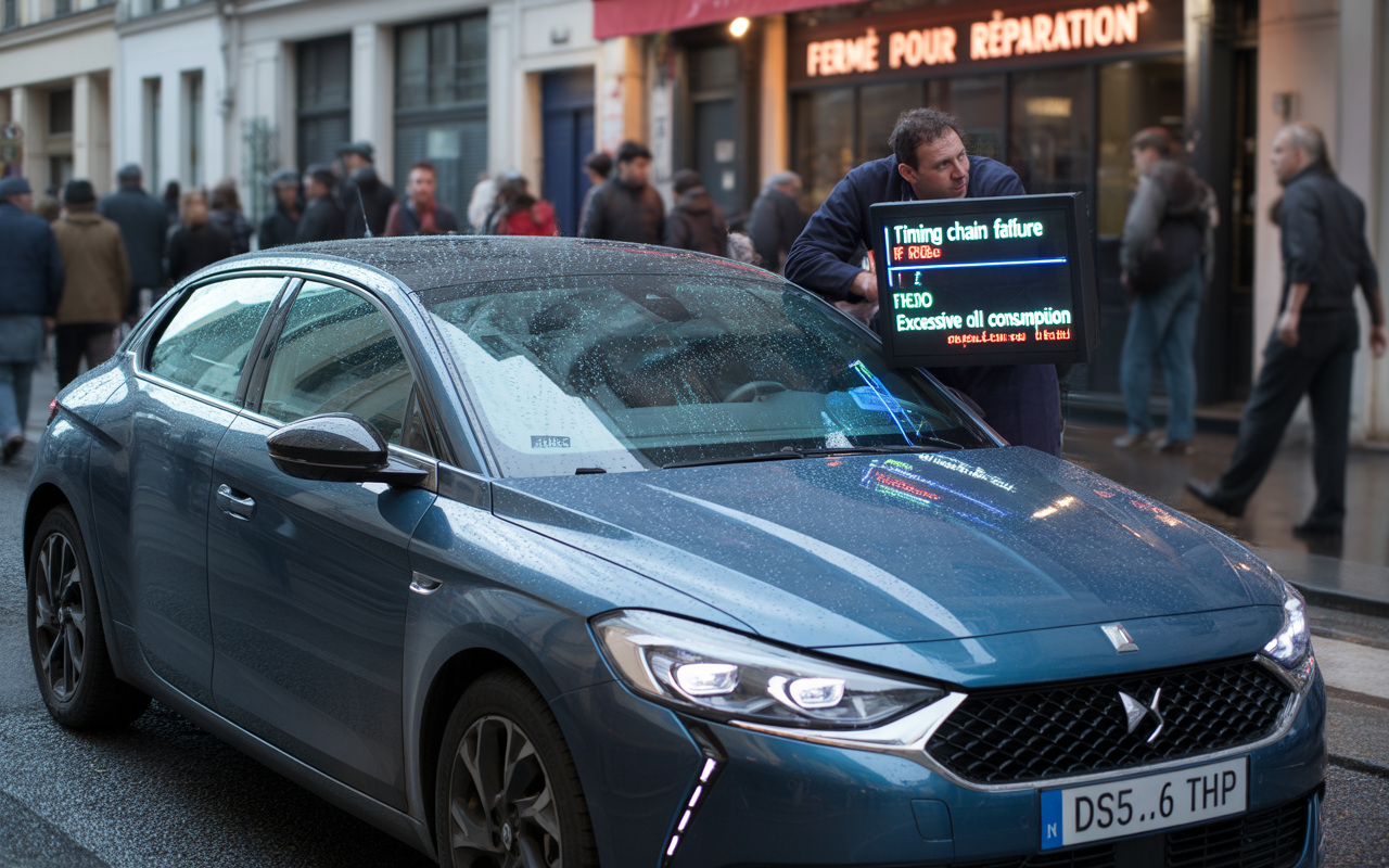 Un homme examine une voiture bleue sous la pluie, affichant des problèmes mécaniques sur un écran numérique. Des passants en arrière-plan.