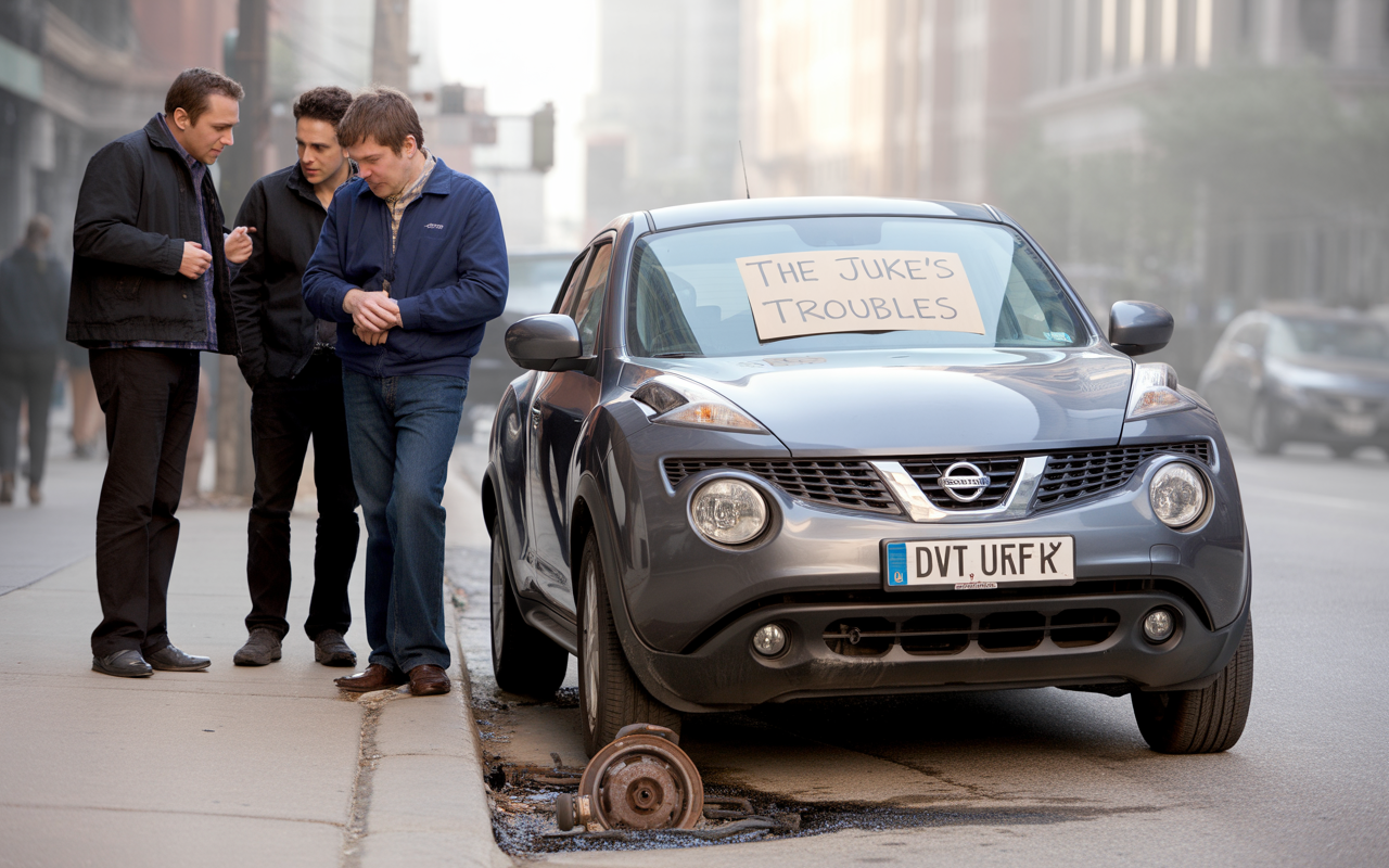 Trois hommes discutent près d'une voiture grise avec une pancarte "The Juke's Troubles" sur son pare-brise. Une rue urbaine en arrière-plan.