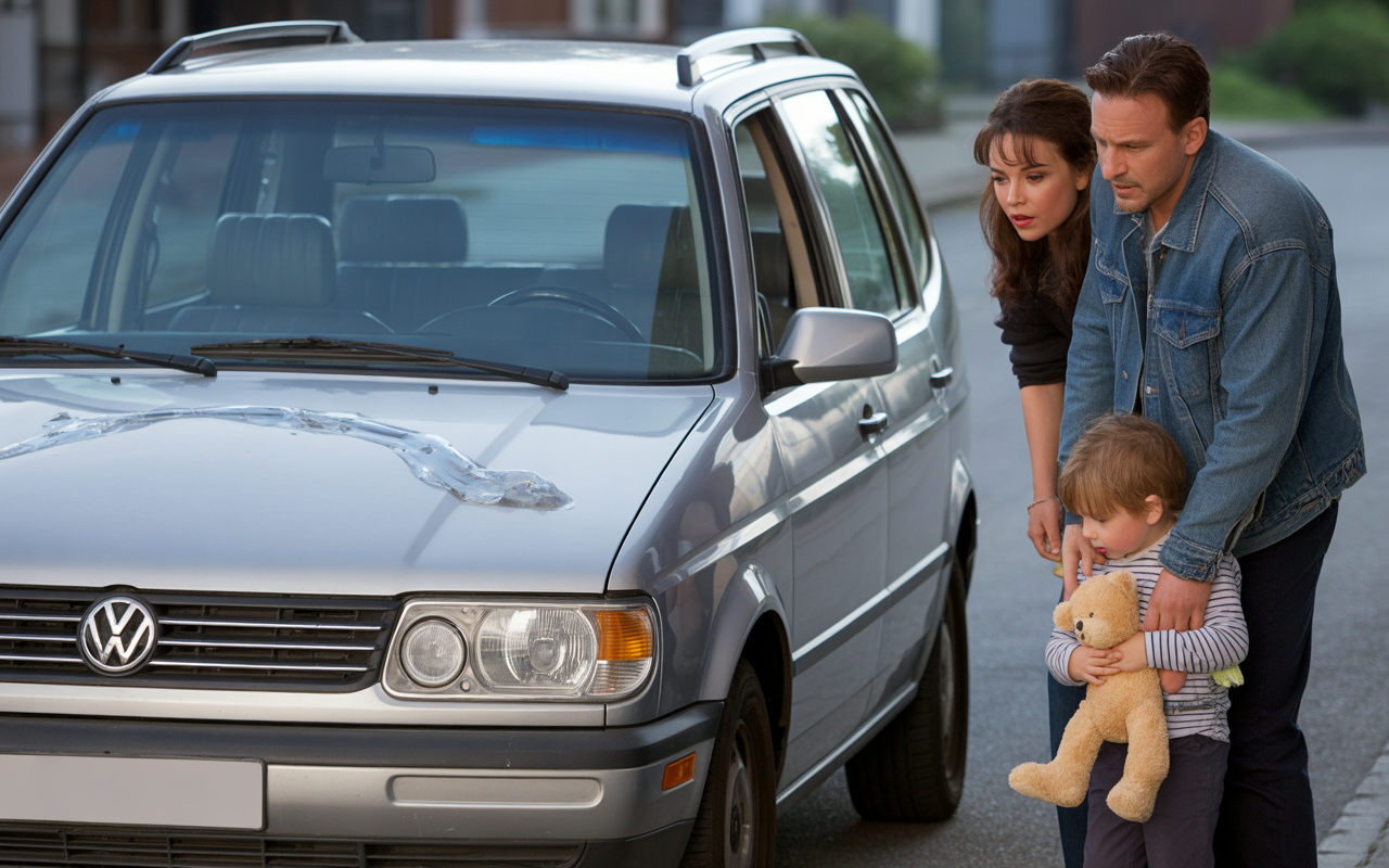 Un couple et un enfant regardent une voiture Volkswagen avec une protection en plastique sur le capot, visibles au bord de la route.