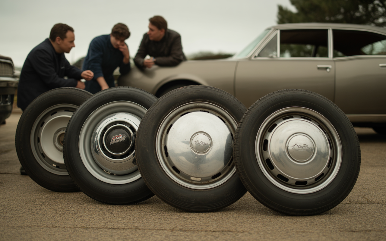 Quatre jantes de voiture avec pneus, disposées au premier plan, tandis que trois hommes discutent à l'arrière-plan. Une voiture vintage est visible.