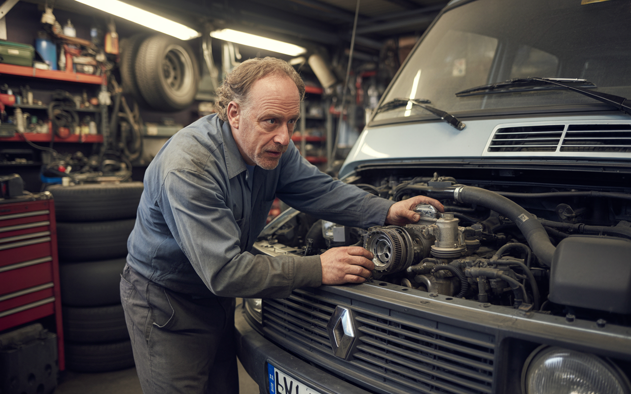 Un mécanicien travaille sur le moteur d'une Renault dans un garage, entouré de pneus et d'outils.