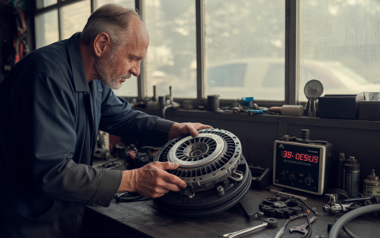 Un homme âgé travaille sur une pièce mécanique dans un atelier, entouré d'outils et d'un appareil de mesure.