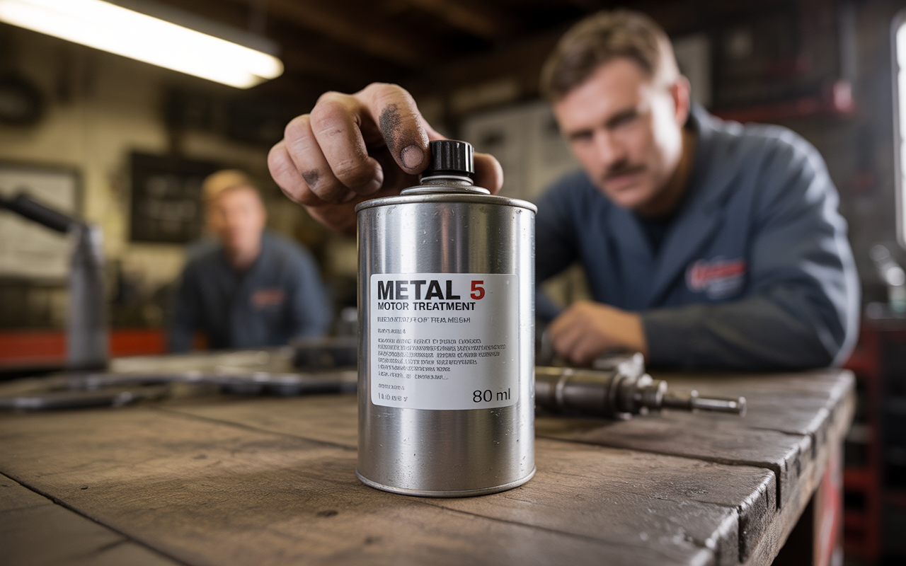 Un homme manipulate un flacon de traitement moteur "METAL 5" dans un atelier, avec d'autres outils en arrière-plan.