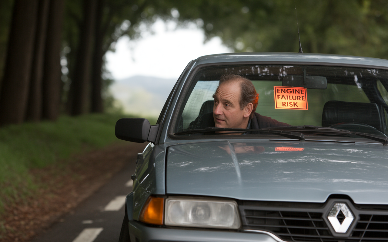 Un homme dans une Renault grise, regardant à l'extérieur. Un panneau indique "RISQUE DE PANNES MOTEUR". Route bordée d'arbres.
