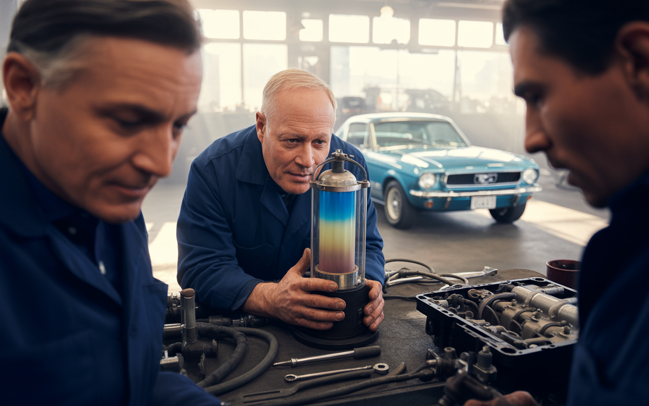 Deux mécaniciens examinent un appareil coloré dans un garage, avec une voiture classique bleue en arrière-plan.
