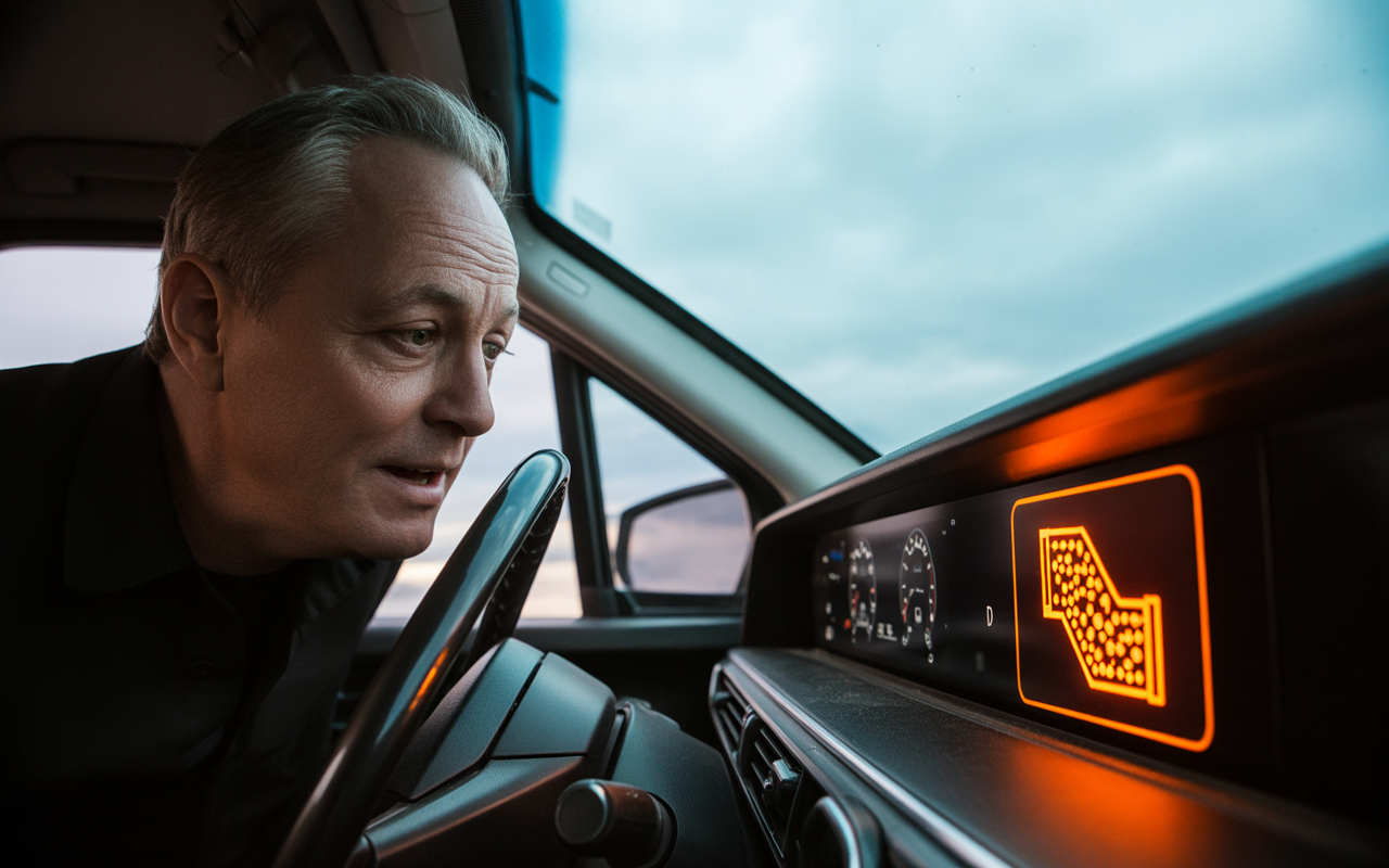 Homme penché sur le tableau de bord d'une voiture, observant un affichage lumineux avec des graphiques, ciel nuageux en arrière-plan.