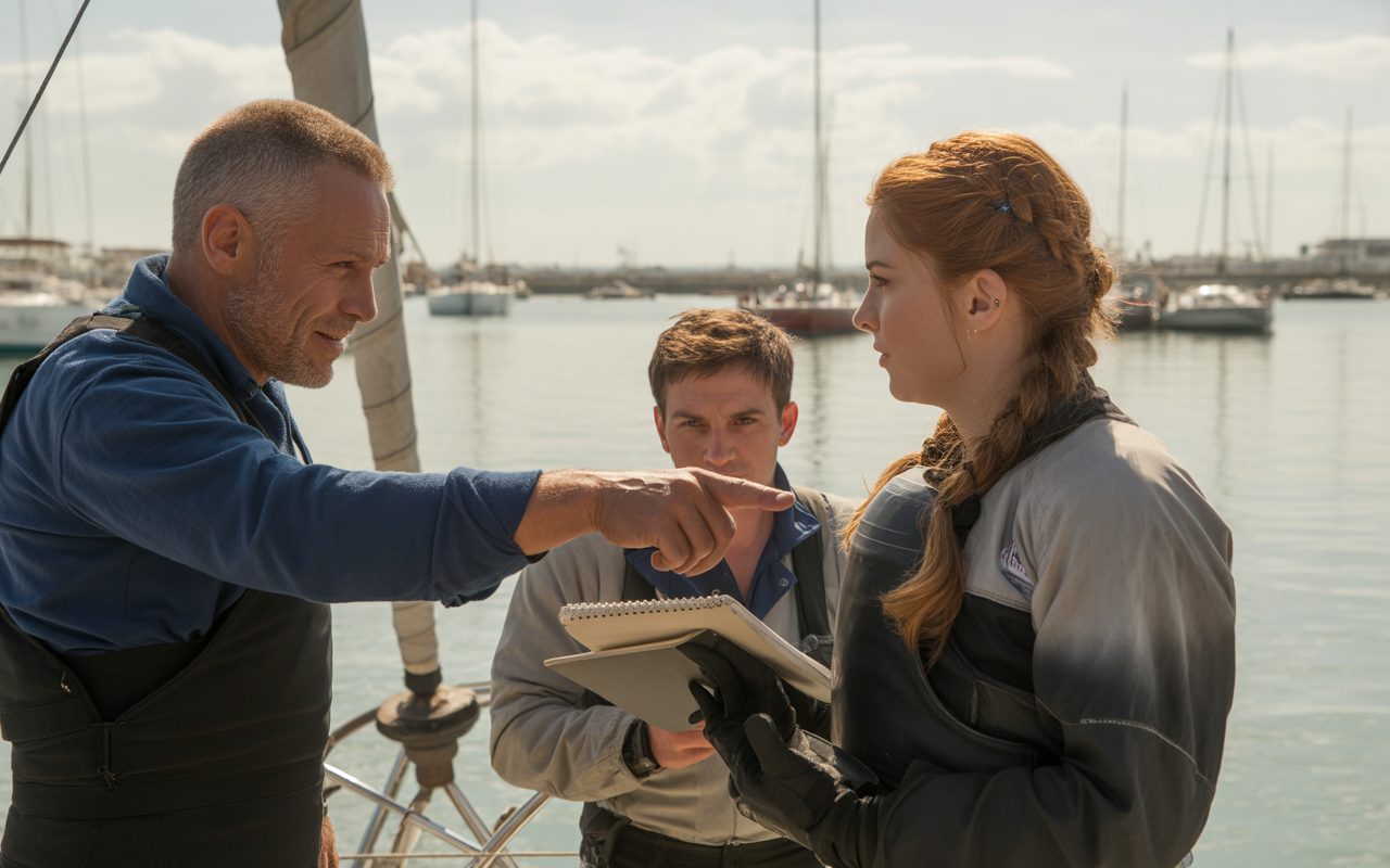 Trois personnes en discussion sur un port, face à un bateau. Un homme pointe du doigt une feuille, la femme écoute.